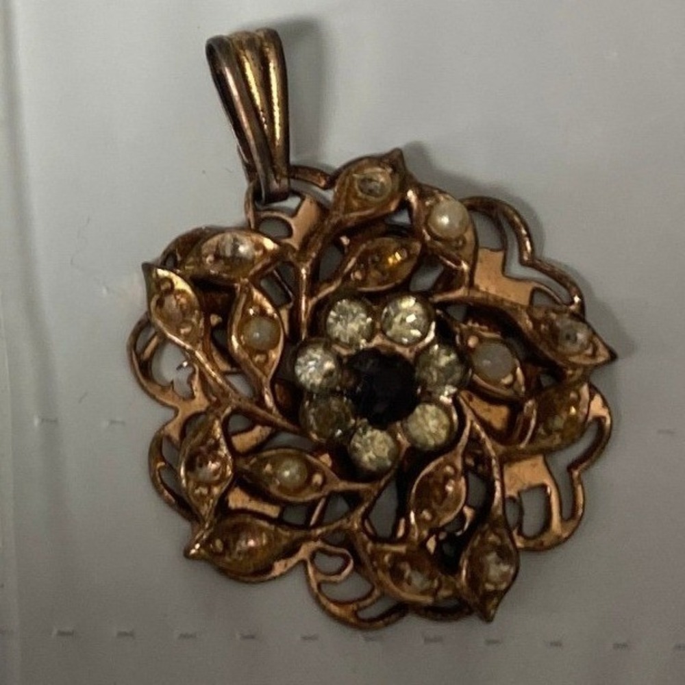 Vintage Gold Tone Floral Pendant Clear Rhinestone Faux Pearl Openwork